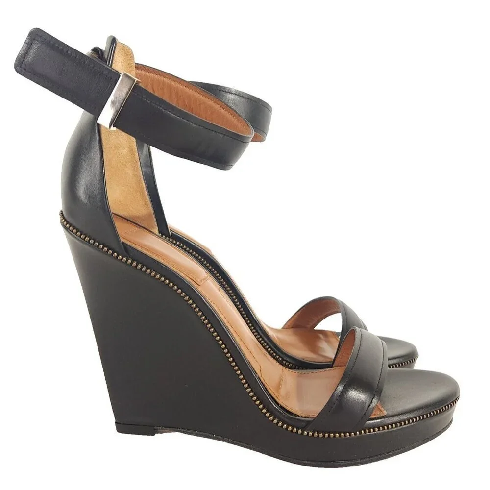 Givenchy Black Leather Ankle-Strap Wedge Sandals with Gold Stud Trim